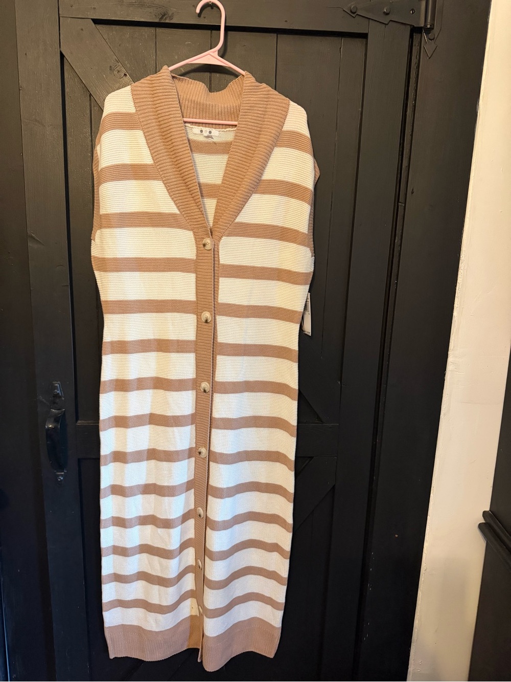 Three Dots Beige and Cream Striped Maxi Cardigan